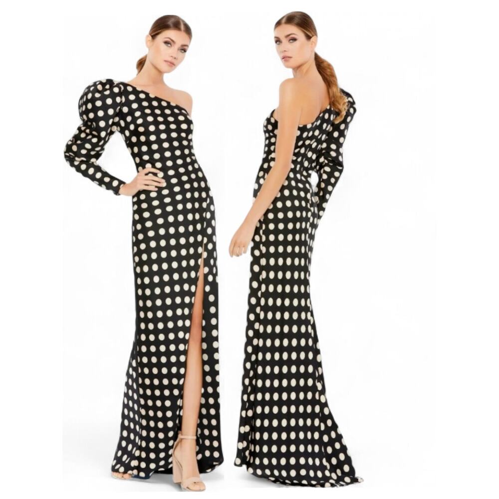Black Ivory Polka Dot One Shoulder Slit Gown Old Money Romantic Glam Euro 0 NWT